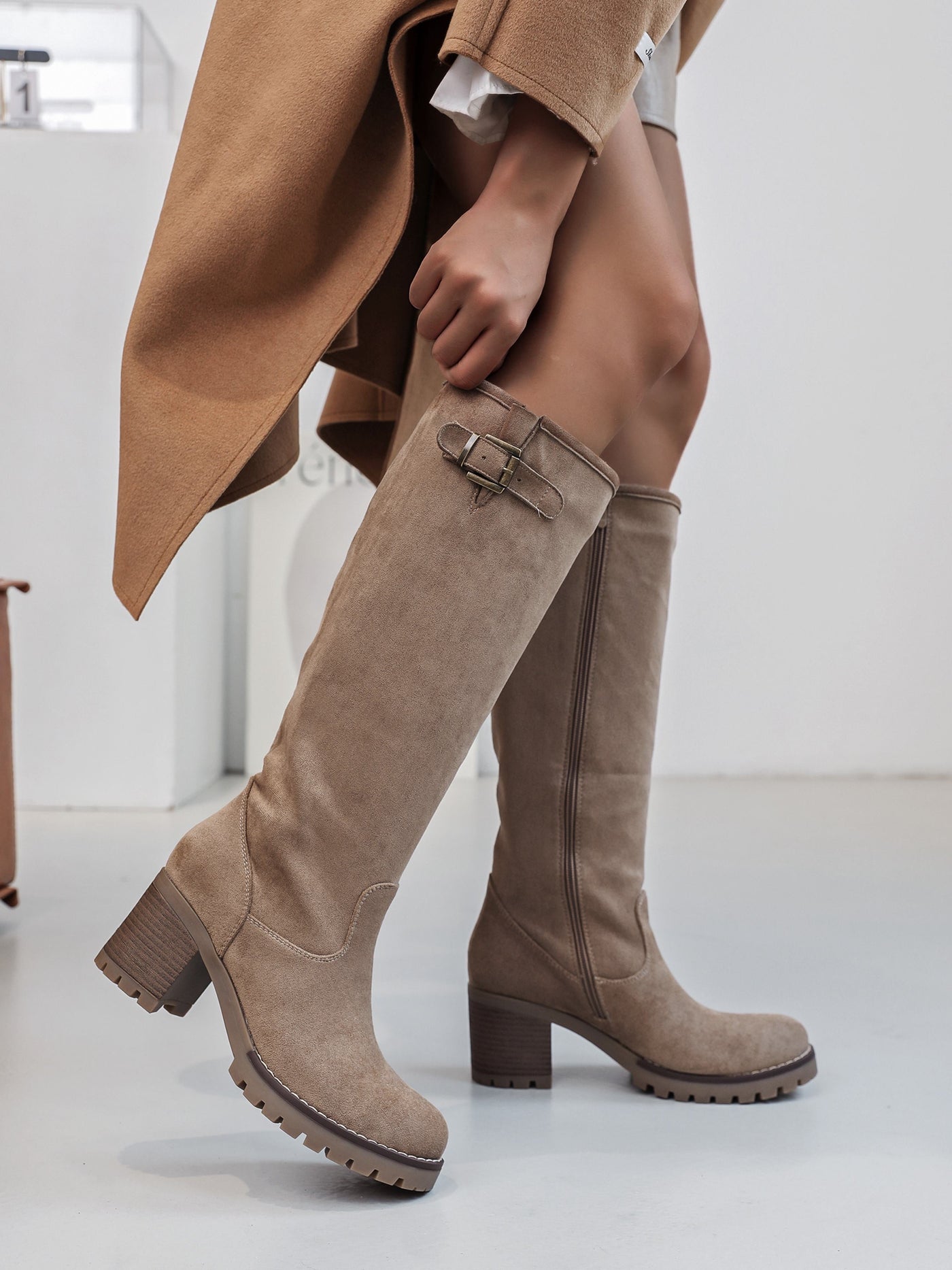 Alice - High Buckle Taupe Boots